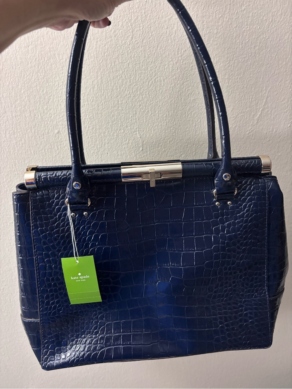 kate spade Navy Croc-Embossed Satchel with Gold Hardware